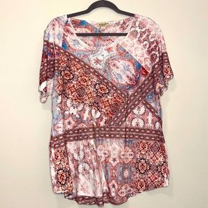Bedazzled Paisley Floral Orange Red White Blue Shirt Size 2XL